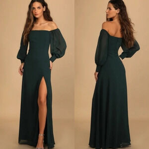 Lulu's Feel the Romance Emerald Green Off-the-Shoulder Maxi Dress Wedding